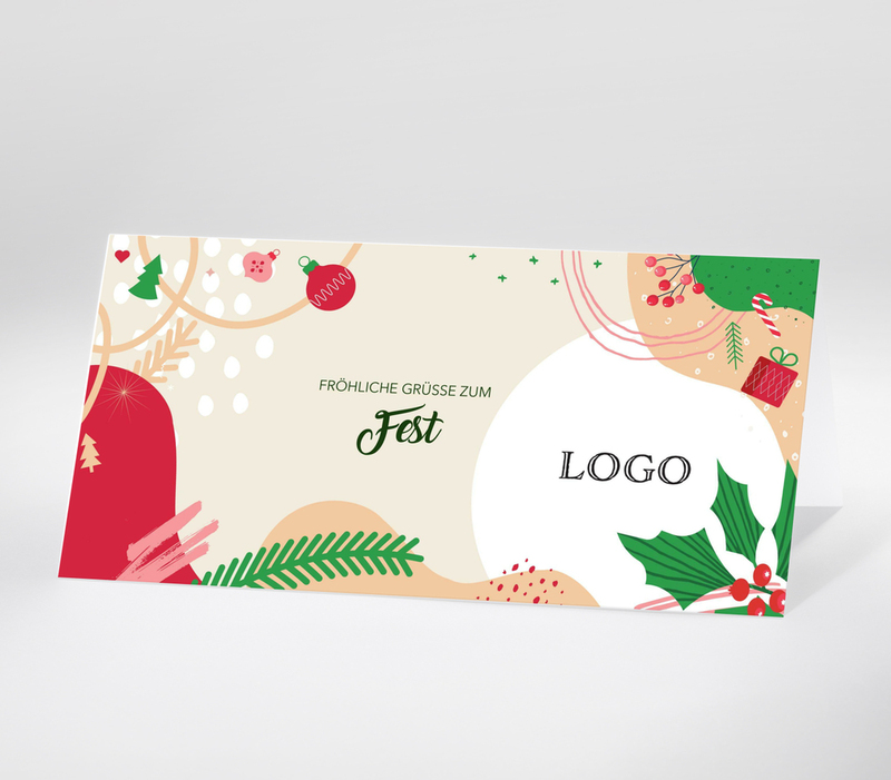Weihnachtliche Grußkarte mit Dekorationselementen und dem Text Fröhliche Grüße zum Fest auf hellem Hintergrund mit Logo-Feld
