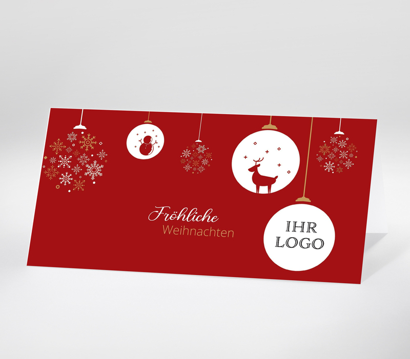 Weihnachtskarte mit roten und weißen Kugeln und Schriftzug Fröhliche Weihnachten auf rotem Hintergrund