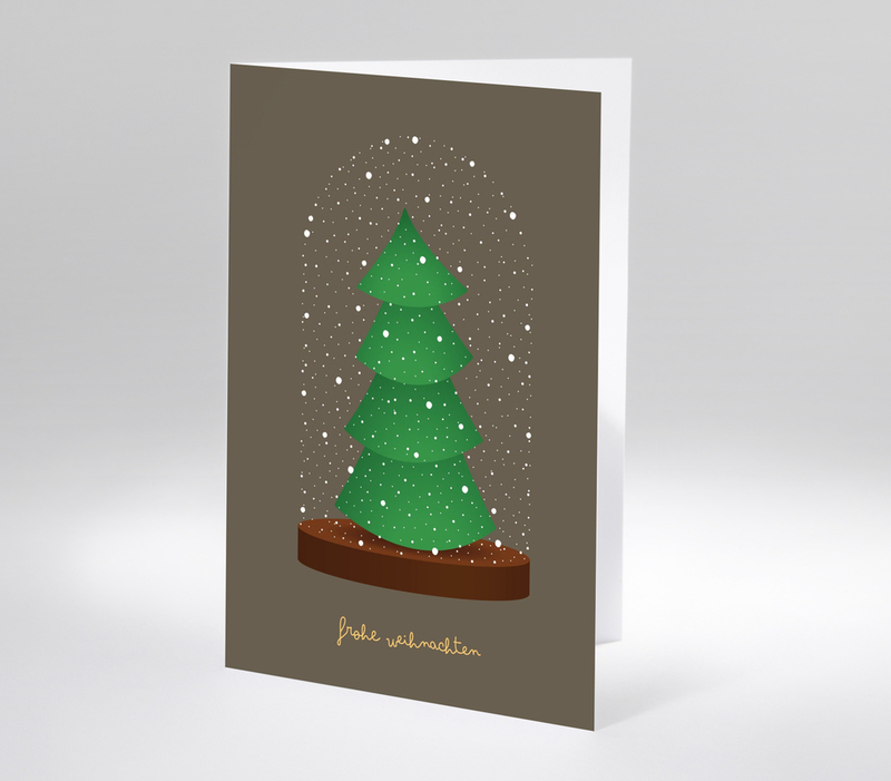Illustration eines modernen Weihnachtsbaums unter Schneekuppel mit Schriftzug Frohe weihnachten