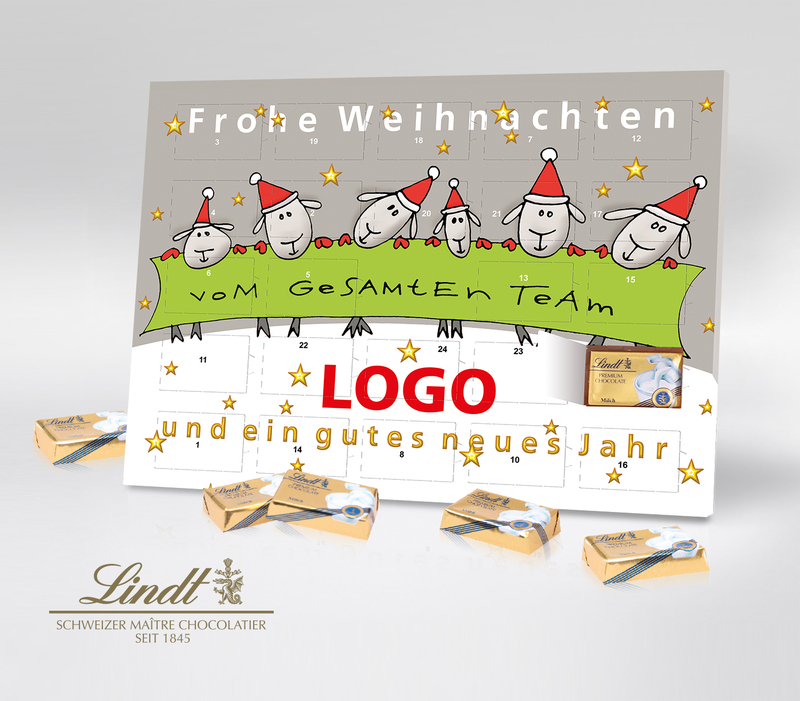 Tisch-Adventskalender von Lindt mit humorvoller Illustration mit Schafen in Weihnachtsmützen und dem Schriftzug Frohe Weihnachten vom gesamten Team.