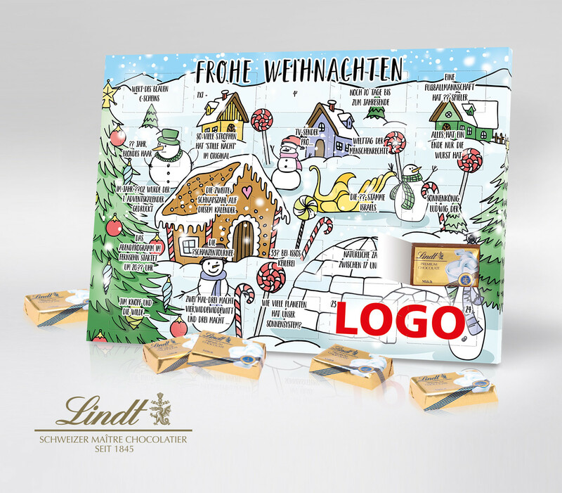 Rätsel Tisch-Adventskalender von Lindt mit einem fröhlichen Schneemanndorf mit kleinen verschneiten Häuschen, einem Iglu und geschmückten Tannenbäumen in comicart. Rätsel vor jedem Türchen, helfen die Zahl und damit die Tür des Tages zu finden.