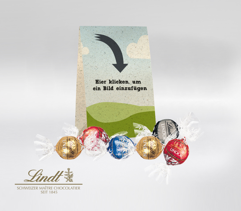 Geschenktüte aus Graspapier von Lindt mit Platzhaltermotiv. Die Tüte kann mit Bildern, einem Logo oder eigenem Design personalisiert werden.