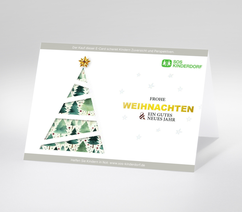 Digitale Weihnachtskarte mit modernem, grafischem Tannenbaum und goldener Aufschrift Frohe Weihnachten & ein gutes neues Jahr.