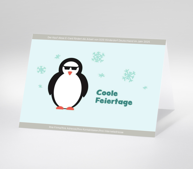 Digitale Weihnachtskarte mit einer humorvollen Illustration eines Pinguins mit Sonnenbrille vor hellblauem Hintergrund und dem Schriftzug Coole Feiertage.