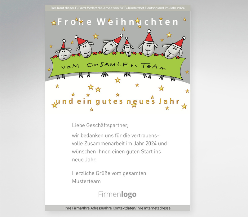 Digitale Weihnachtskarte mit einer lustigen Illustration mit Schafen in Weihnachtsmützen und dem Schriftzug Frohe Weihnachten vom gesamten Team.