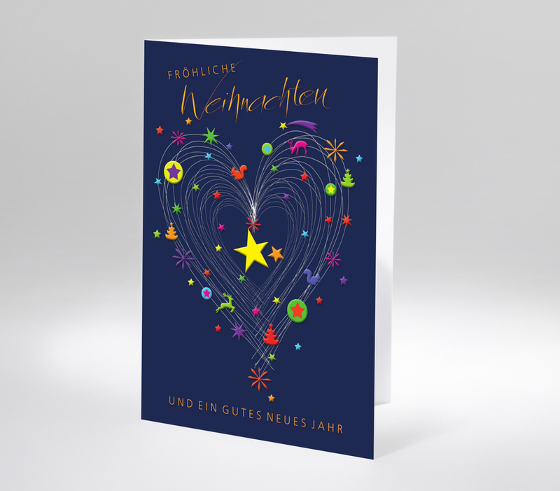 Dunkelblaue Weihnachtskarte mit Herz aus Linien und bunten Sternen, Schrift Fröhliche Weihnachten und ein gutes neues Jahr