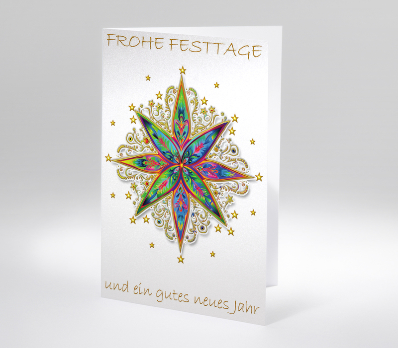 Weihnachtskarte mit bunter, detailreicher Sternen-Illustration und Text Frohe Festtage und ein gutes neues Jahr