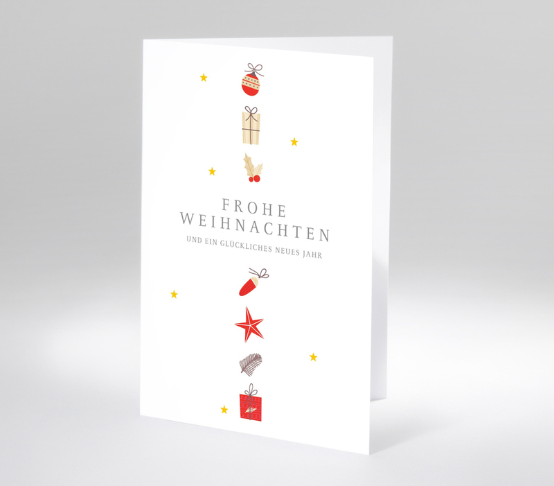 Minimalistische Weihnachtskarte mit vertikaler Reihe von Symbolen und Schrift Frohe Weihnachten und ein glückliches neues Jahr