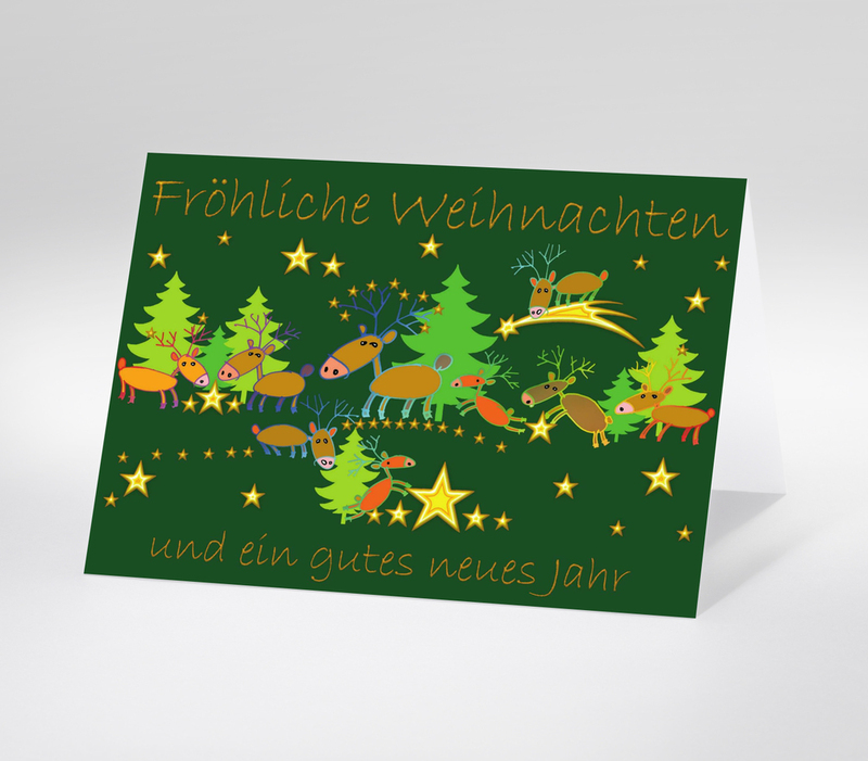 Weihnachtskarte mit Rentieren, Sternen und Tannenbäumen auf grünem Hintergrund, Text Fröhliche Weihnachten und ein gutes neues Jahr