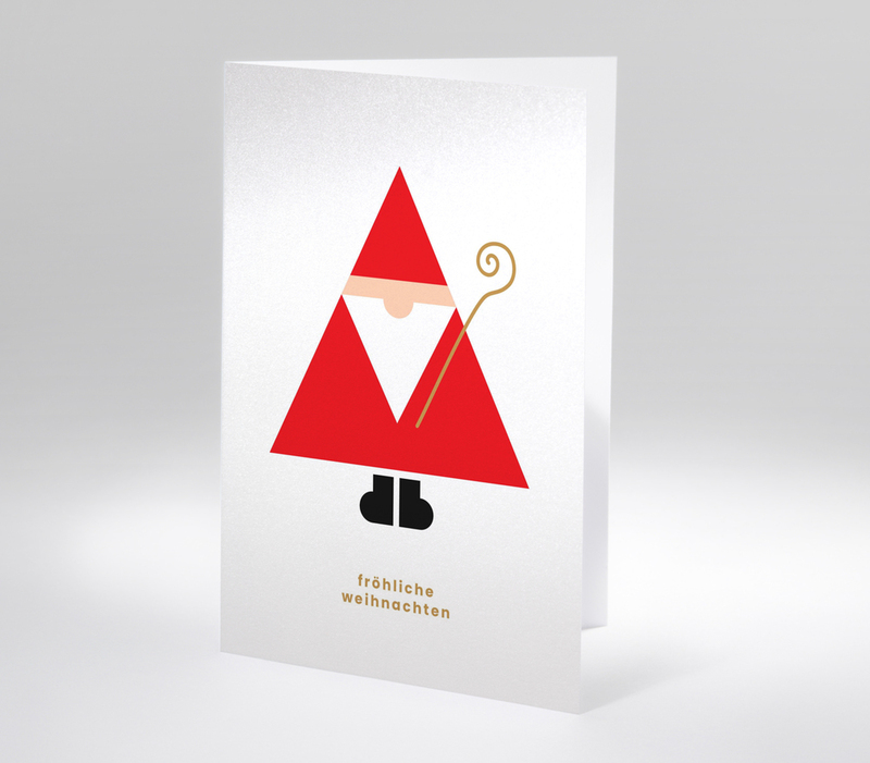 Minimalistische Weihnachtskarte mit stilisiertem Weihnachtsmann auf weißem Hintergrund, Text fröhliche weihnachten
