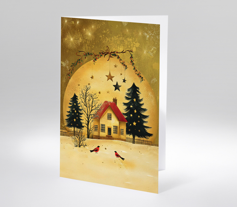 Weihnachtskarte mit festlich geschmücktem Haus, verschneite Tannen und rote Vögel auf goldenem Grund