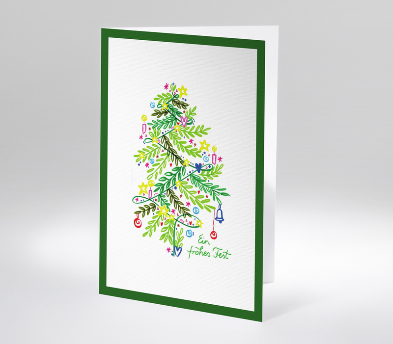 Weihnachtskarte mit gemaltem Weihnachtsbaum in Kinderstil, bunte Kugeln, Text Ein frohes Fest