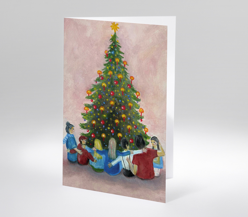 Weihnachtskarte mit Gruppe von Menschen, die im Kreis unter einem Weihnachtsbaum sitzen