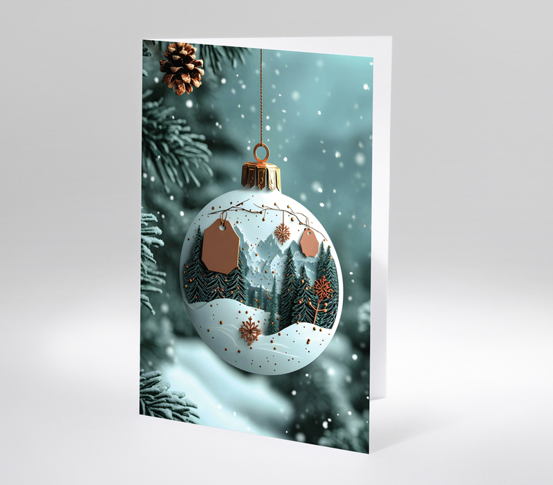 Weihnachtskarte mit großer Christbaumkugel mit Winterlandschaft, umgeben von Tannenzweigen und Schnee