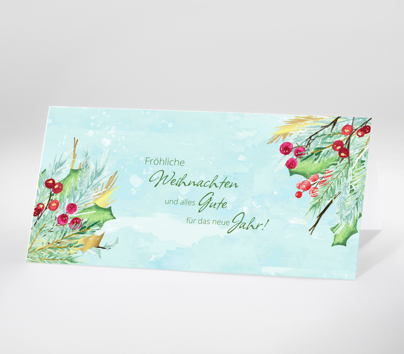 Weihnachtliche Grußkarte mit Aquarell-Zweigen und roten Beeren, Text Fröhliche Weihnachten und alles Gute für das neue Jahr