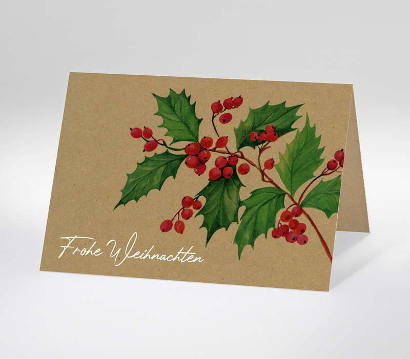 Weihnachtskarte mit Aquarell-Zweig und roten Stechpalmenbeeren, Schriftzug Frohe Weihnachten
