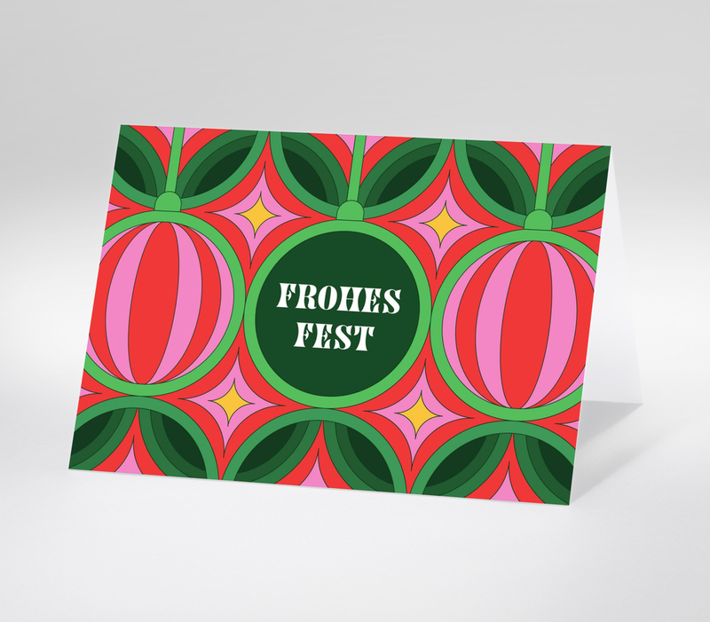 Bunte, grafische Weihnachtskarte mit Ornamenten im Retro-Stil und Text Frohes Fest