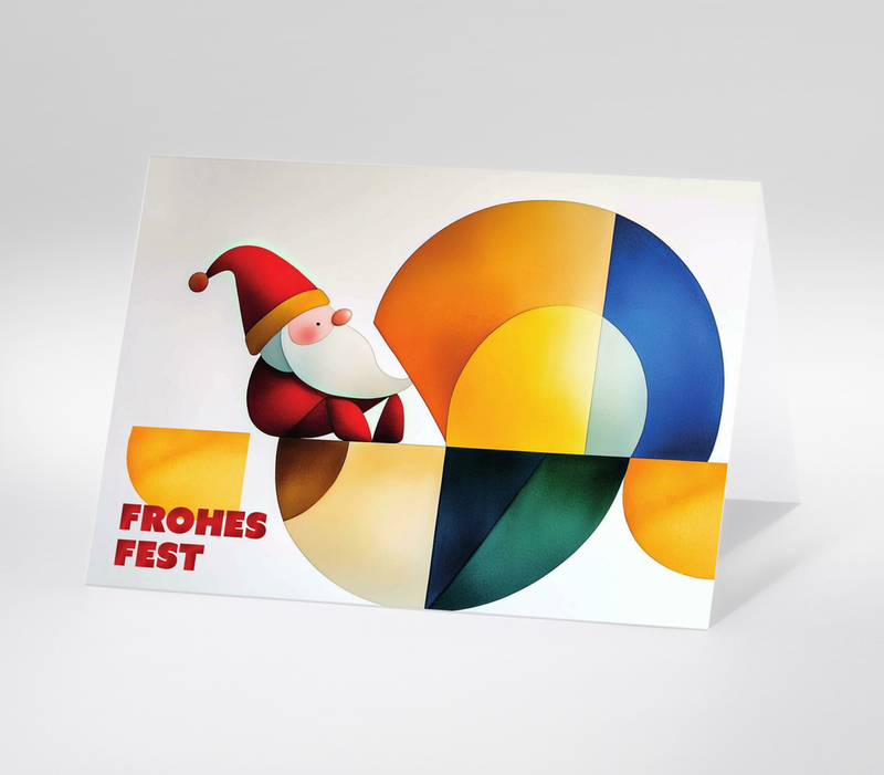 Weihnachtskarte mit stilisiertem Weihnachtsmann vor bunten geometrischen Formen, Text Frohes Fest