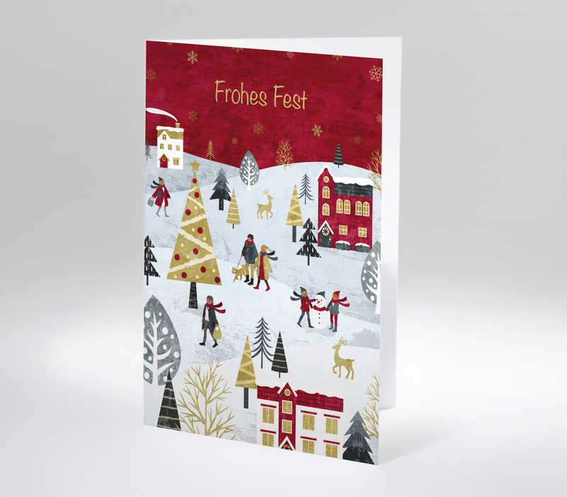 Weihnachtliche Winterlandschaft mit stilisierten Häusern, Menschen, Tieren und geschmücktem Weihnachtsbaum, Text Frohes Fest