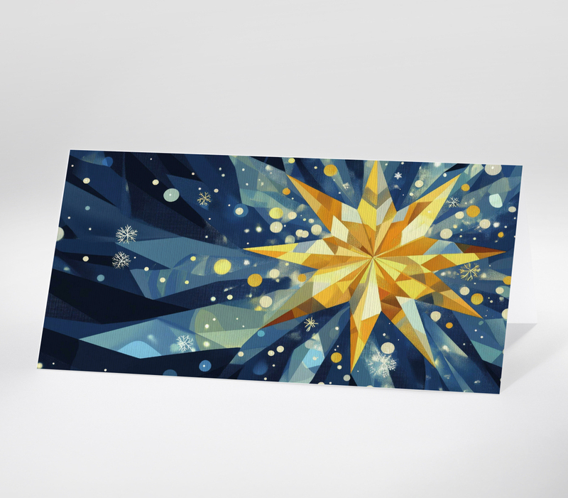 Abstrakte Darstellung eines leuchtenden Weihnachtssterns auf dunklem Hintergrund mit Schneeflocken