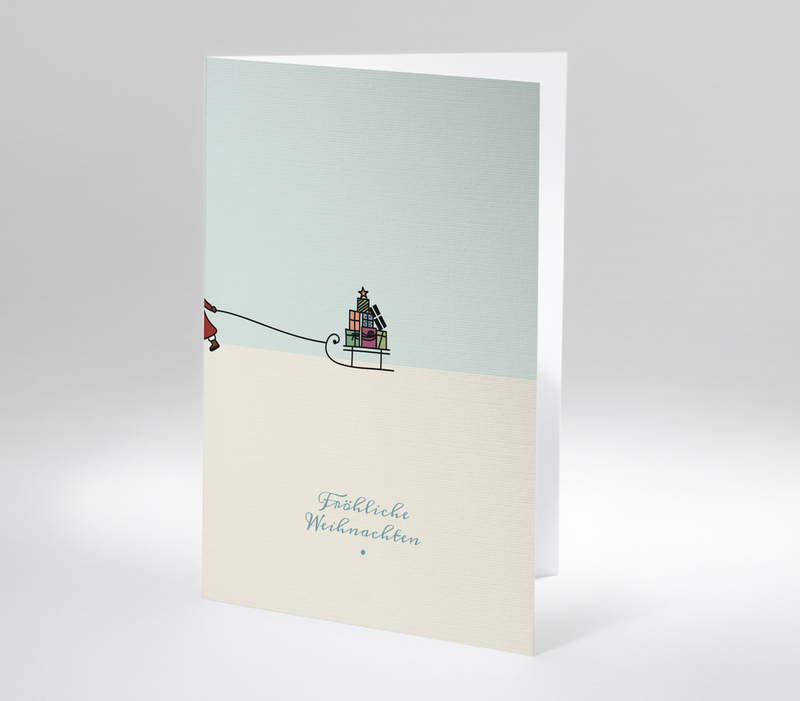Minimalistische Weihnachtskarte mit Schlitten voller Geschenke und Text Fröhliche Weihnachten