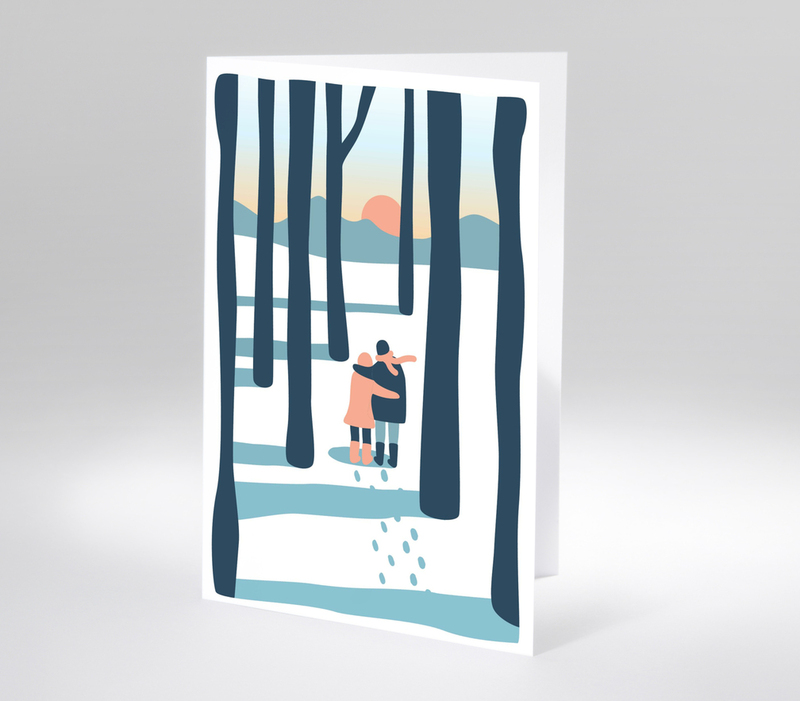 Stilisiertes Paar in Winterlandschaft bei Sonnenuntergang zwischen Bäumen