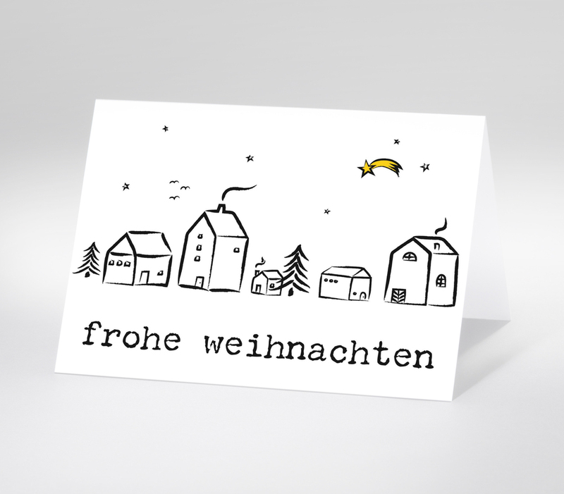 Schwarz-weiße Zeichnung von Häusern mit Sternenhimmel und Schriftzug frohe weihnachten