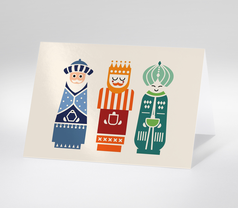 Grafische Darstellung der Heiligen Drei Könige in kräftigen Farben auf hellem Hintergrund