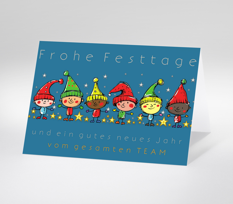 Fröhliche Weihnachtskarte mit gezeichneten Wichteln in bunter Kleidung und Schriftzug Frohe Festtage