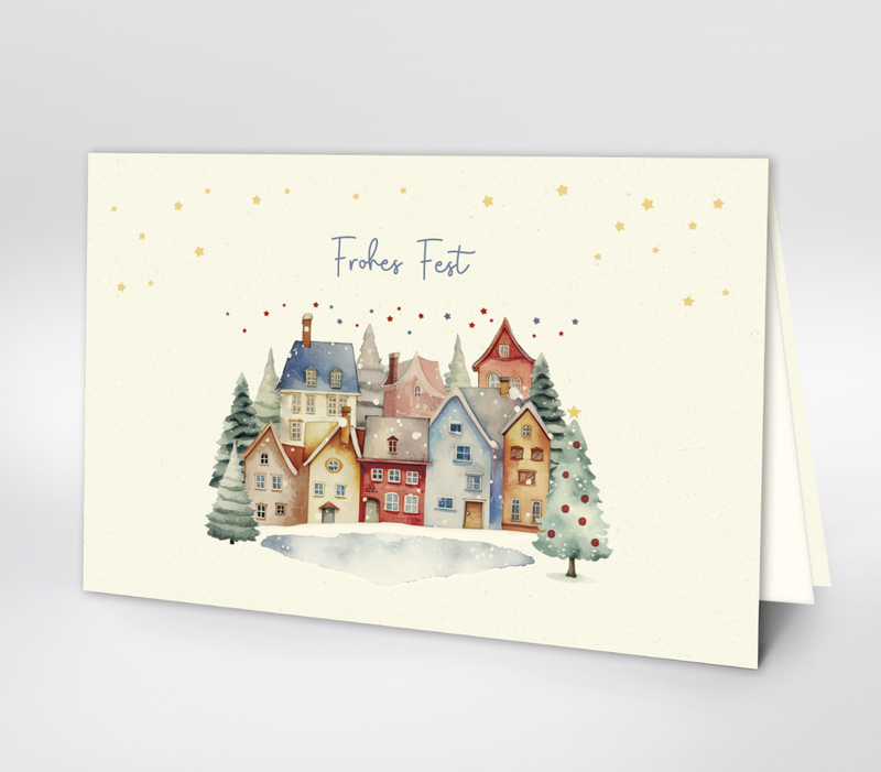 Buntes Dorf mit bunten Häusern und Bäumen in fröhlicher Kinderzeichnung mit Text Frohes Fest