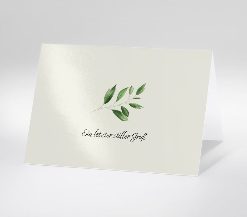 Trauerkarte mit grünem Aquarellzweig und dem Text Ein letzter stiller Gruß auf hellem Hintergrund