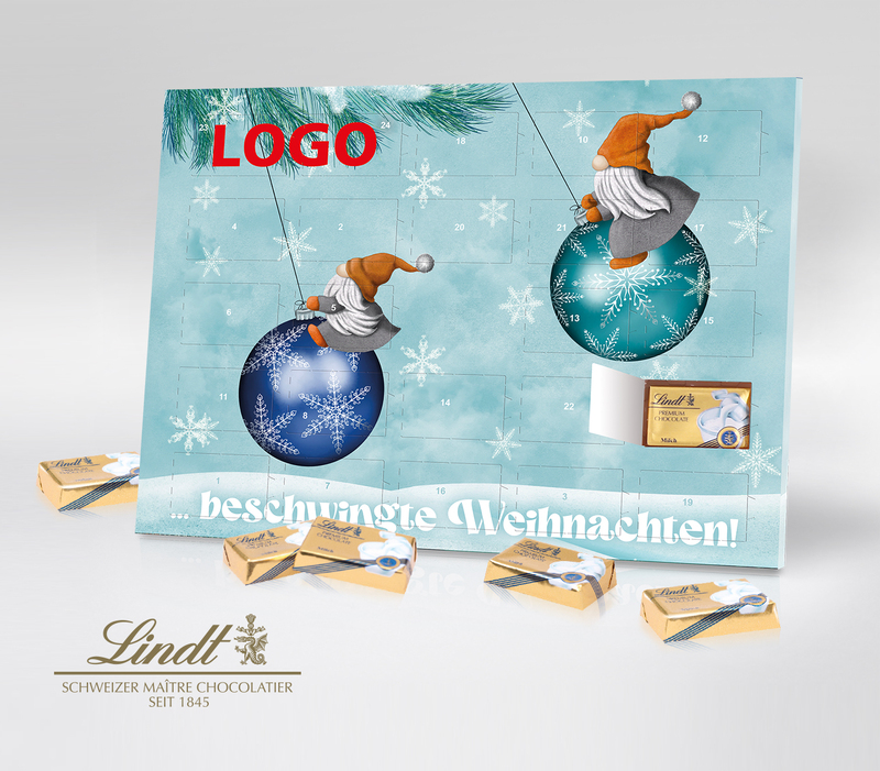 Lindt Adventskalender mit Schokolade, winterlichem Design in Blau mit Schneeflocken und Weihnachtswichteln auf Christbaumkugeln – personalisierbar mit Firmenlogo, beschwingte Weihnachten