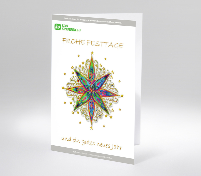 Digitale Weihnachtskarte mit bunter, detailreicher Sternen-Illustration und Text frohe festtage