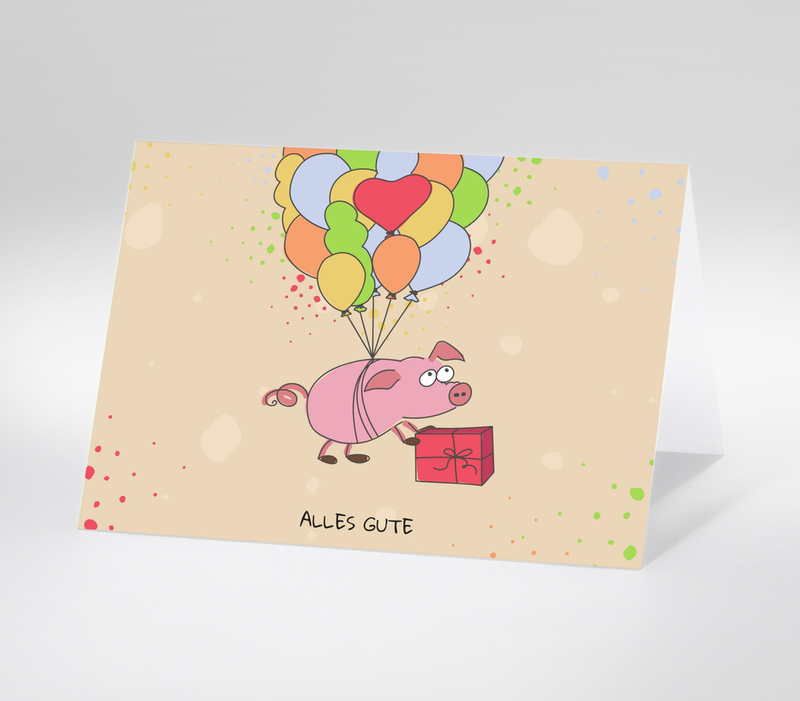 Verspielte Illustration eines Schweins mit bunten Ballons und Geschenk, Schriftzug Alles Gute.