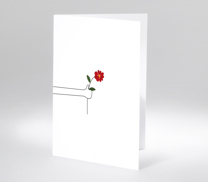 Minimalistische Linienillustration einer Hand mit roter Blume auf weißem Hintergrund.
