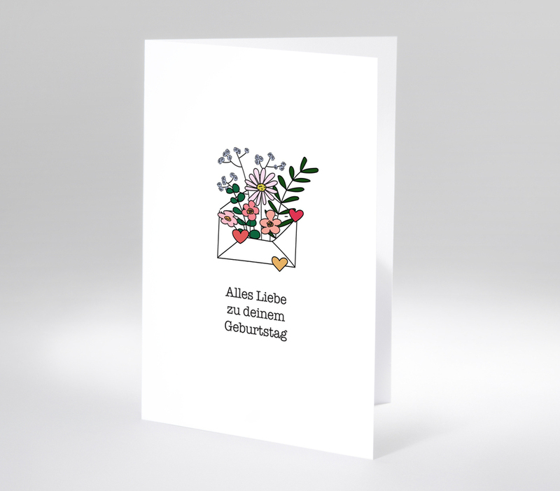 Verspielte Illustration eines Blumenstraußes im Umschlag mit Herzen und Geburtstagsgruß Alles Liebe zu deinem Geburtstag.