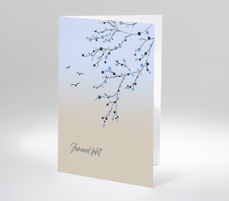 Stimmungsvolle Trauerkarte mit zarten Zweigen und Schriftzug Jemand fehlt.