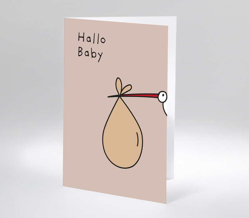 Verspielte Geburtskarte mit Storch und Schriftzug Hallo Baby.