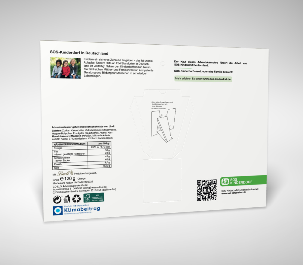 Rückseite mit SOS-Logo und Beschreibung der Arbeit von SOS-Kinderdorf