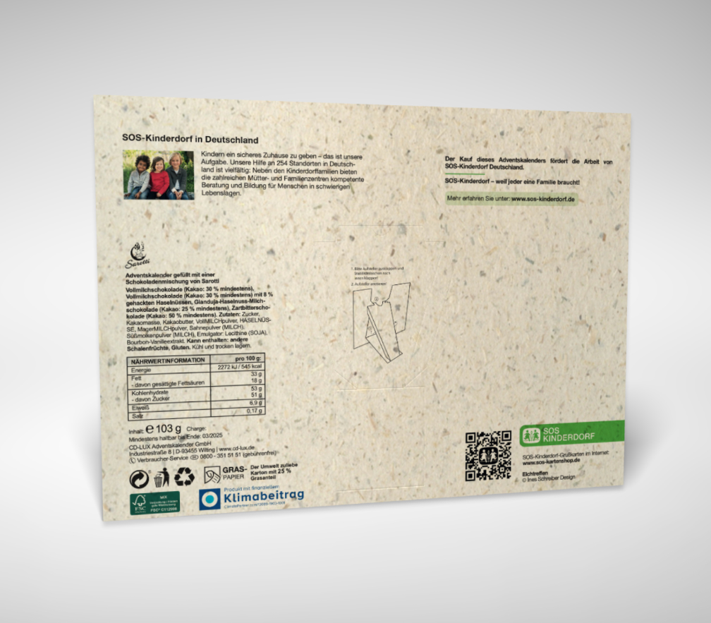 Rückseite mit SOS-Logo und Beschreibung der Arbeit von SOS-Kinderdorf