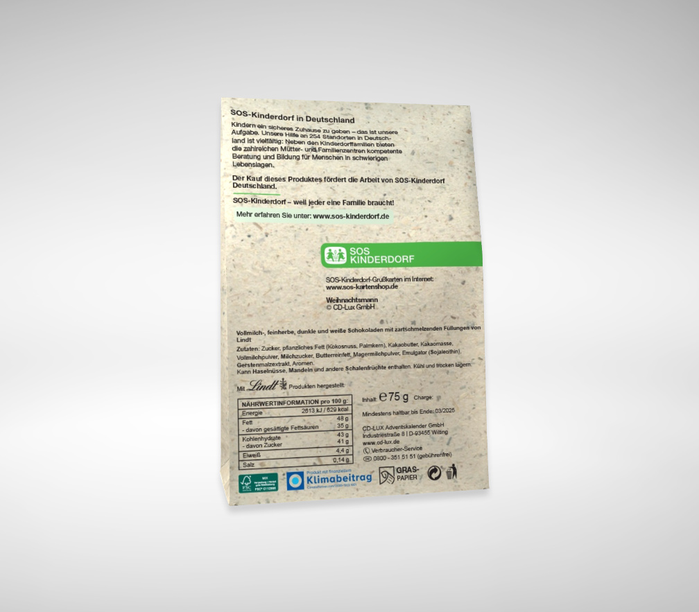 Rückseite mit SOS-Logo und Beschreibung der Arbeit von SOS-Kinderdorf