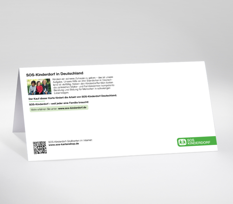 Rückseite mit SOS-Logo und Beschreibung der Arbeit von SOS-Kinderdorf