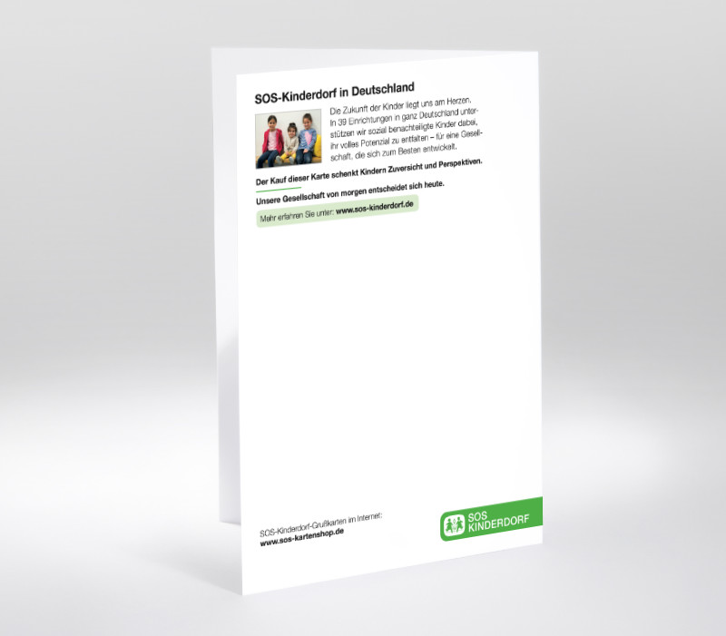 Rückseite mit SOS-Logo und Beschreibung der Arbeit von SOS-Kinderdorf