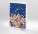 Adventskalender-Karte mit bunten Häusern, Schneelandschaft und Sternschnuppe, Text Frohes Fest.