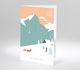 Grafisch illustrierte Winterlandschaft mit Fuchs im Schnee, Bergen und Häuschen, Text Frohe Weihnachten